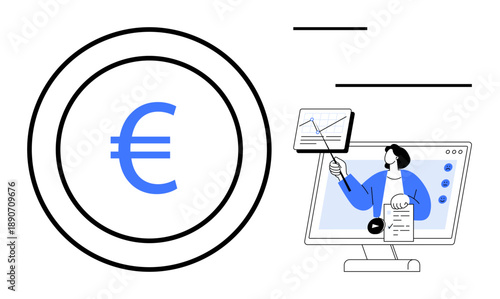 Euro symbol. Euro featured with online education elements highlights its role in modern finance. Euro explored in e-commerce, financial learning, economic strategies, investments, and trade
