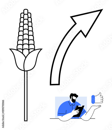 Agriculture, economic growth, consumer approval, sustainability, market trends, trade success. Corn plant, upward arrow person with thumbs-up. Agriculture and economic growth concepts