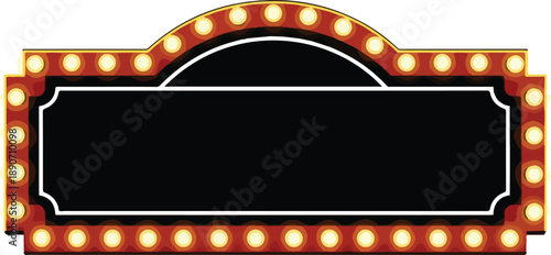 A decorative marquee sign with lights and a blank blackboard displayed prominently in a lively venue