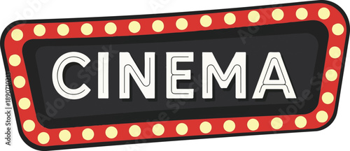 A vintage cinema sign with lights and text, viewed from the front, in a classic entertainment setting