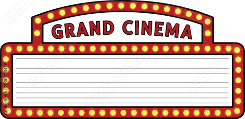Grand Cinema marquee sign with bright lights and red decoration at night