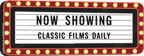 Classic films displayed on a marquee sign with illuminated bulbs at a cinema or theater entrance