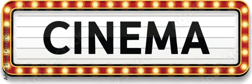 A cinema sign with bright lights and decorative border on a white background viewed from the front