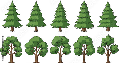 Cartoon tree set illustration with evergreen pine and deciduous trees, colorful forest elements isolated on white background for nature design and game assets