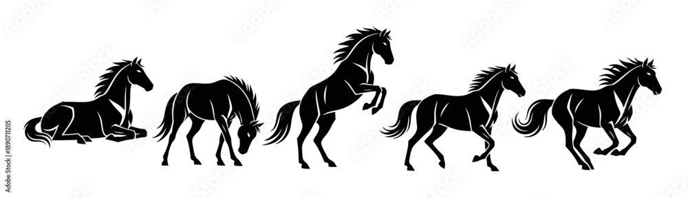 Obraz premium Dynamic collection of powerful horse silhouettes in various action poses, perfect for equestrian designs and majestic animal themes