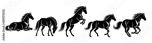 Dynamic collection of powerful horse silhouettes in various action poses, perfect for equestrian designs and majestic animal themes