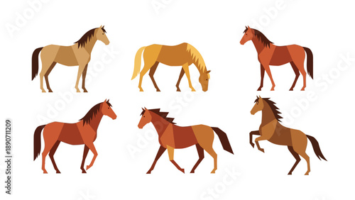 Collection of Stylized Geometric Horse Illustrations in Various Dynamic Poses and Earthy Tones