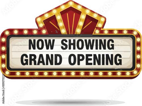 Grand opening sign with marquee lights and decorative elements displayed prominently