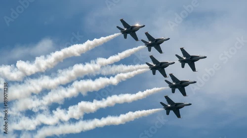 Military jet fighter planes performing aerial formation with smoke trails in a clear blue sky