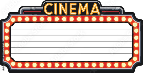 Vintage Cinema Marquee Illuminated with Lights Displaying Blank Movie Schedule at Nighttime from a Straight-On Viewpoint
