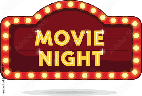 Vibrant movie night marquee signboard with glowing lights and bold lettering at a cinema event