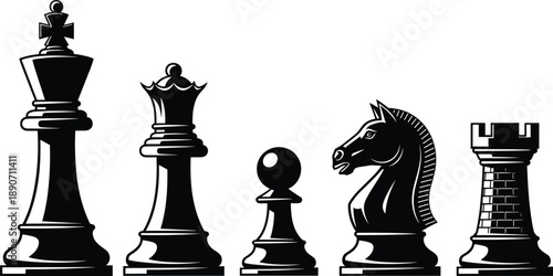 Classic chess pieces silhouette illustration set featuring king queen pawn knight rook for strategy game design board game graphics and competitive thinking concepts