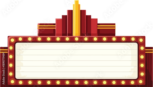 Vibrant Old-Fashioned Cinema Marquee Illuminated at Night with Bright Lights and Empty Signboard