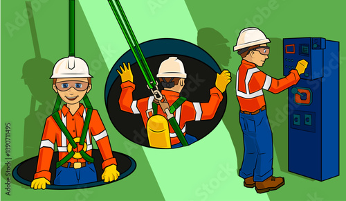 Industrial worker with hard hat, operating machine, confined space, industrial safety, vector illustration