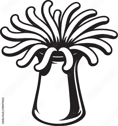 Sea Anemone Black and White 3D Lite Line Art Illustration