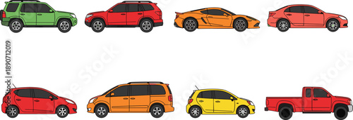 Colorful car types side view illustration set featuring SUV sedan sports hatchback van and pickup vehicles for transportation design automotive icons and infographic projects