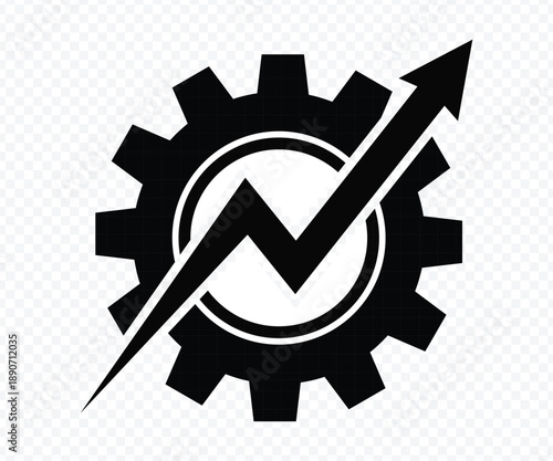Gear with upward arrow icon representing growth and progress, symbol of business expansion and industrial development, modern flat black vector illustration