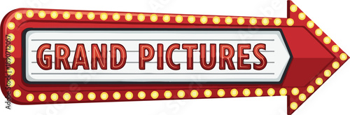 A grand cinematic arrow sign with lights, pointing right, symbolizing direction and entertainment in a classic cinema style