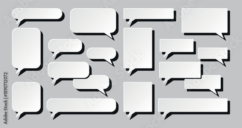 Set of volumetric white speech bubbles with soft gradient and deep black shadow