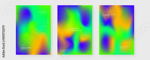 Set of three abstract posters featuring vibrant neon green blue and yellow fluid mesh gradients with minimalist typography