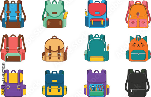 Colorful school backpack illustration set featuring cute and modern bag designs, flat vector style icons for education, children, travel, and back to school concepts