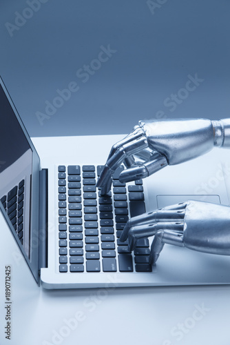 Robot Hands Typing on Laptop Keyboard - AI Technology