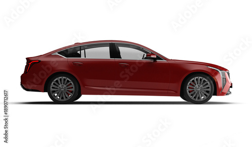Photorealistic 3D render of a sleek modern red sedan car in full right side profile view isolated on transparent background