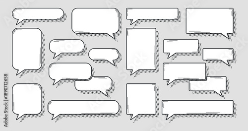 Large set of white speech bubbles with black outline and halftone dot shadow in comic style