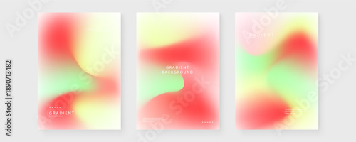 Set of three minimalist posters featuring a subtle blend of pale green off-white and vibrant red mesh gradients for artistic layouts