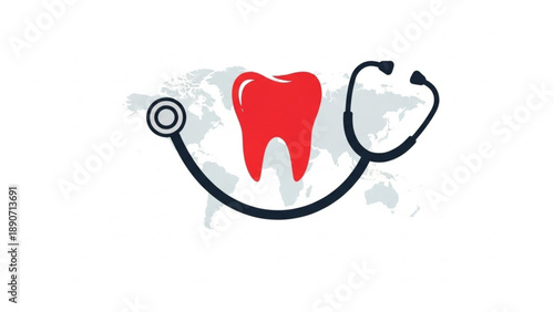 International Oral Health Day global dental health, medical care, and oral hygiene, featuring a red tooth embraced by a stethoscope with a subtle world map backdrop