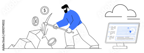 Cryptocurrency, data analytics, blockchain, cloud computing, financial technology, digital economy. Man mining coins digital currencies near analytics screen. Cryptocurrency and data analytics