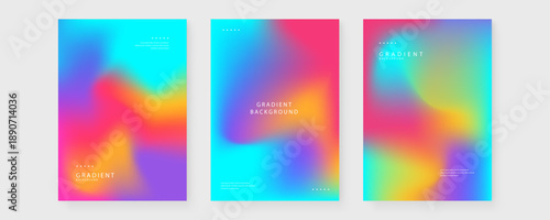 Set of three posters with holographic cyan magenta and yellow liquid mesh gradient backgrounds