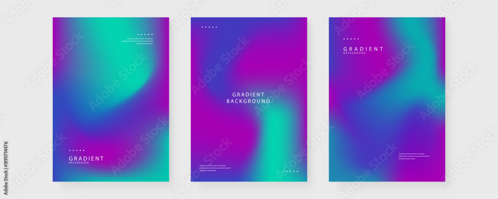 Fototapeta premium Three vertical layout posters featuring dark moody purple and teal cyan fluid backgrounds for corporate or artistic branding