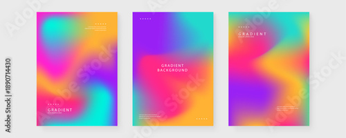 Vibrant set of posters featuring a psychedelic mix of multi color mesh gradients with bright yellow accents for trendy Gen-Z aesthetics