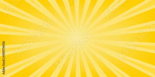 Yellow abstract background with light of sunburst. yellow starburst with halftone. sun ray retro background with flash