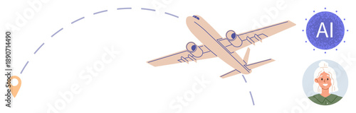 AI implementation, air travel, navigation, customer service, aviation technology, user experience. Airplane flying with a location marker, AI symbol and a virtual assistant. AI implementation