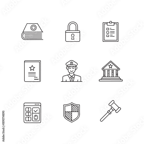 Security, Law, and Governance Icons Set With Book, Lock, Clipboard, Certificate, Officer, Bank, Calculator, Shield, and Gavel