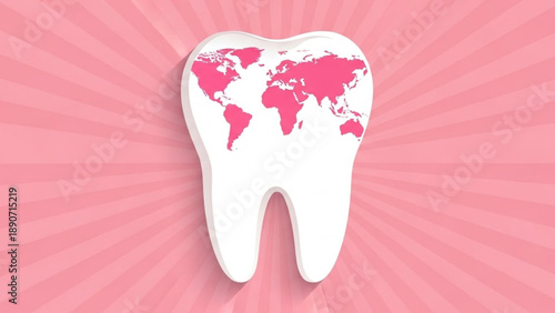 International Oral Health Day Global health and dental care concepts represented by a tooth with a world map on a pink striped background