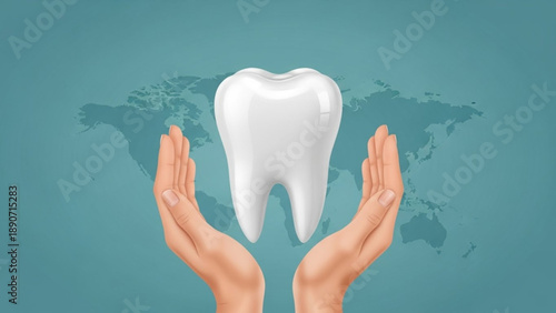 Hands holding a white tooth with a world map background representing global dental care and oral hygiene