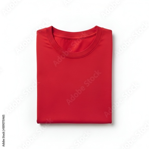 A folded red t-shirt on a white surface viewed from directly above
