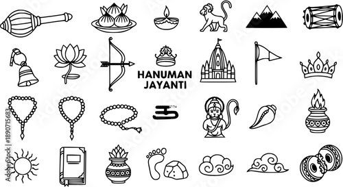 Hinduism Indian Culture Black  White Line Art Icon Set for Hanuman Jayanti Festival. Religious symbols, Lord Hanuman, temple, mace, lotus, drums, and prayer beads glyphs.