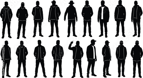 Black silhouette vector set of diverse men standing in casual winter jackets hoodies and hats isolated on white background illustration