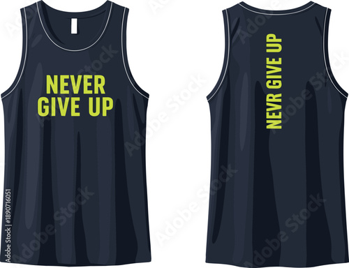 Black Sleeveless Sports Tank Top Vector Mockup With Neon Green Never Give Up Text Inspiration For Fitness Gym And Training