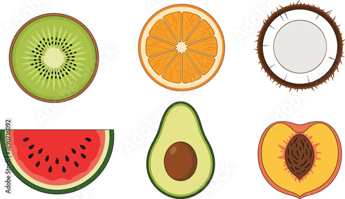 Collection of Flat Vector Illustrations Featuring Cross Sections and Halves of Kiwi Orange Coconut Watermelon Avocado and Peach Fruit Set