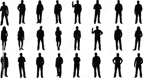 Black Silhouettes of Men and Women Standing in Various Poses Isolated on White Background for Professional Business and Casual People Vector