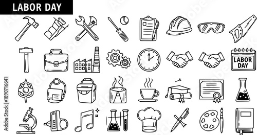 Hand-Drawn Black and White Line Art Labor Day Icons Set for Workplace, Professions, Industry, and Tools