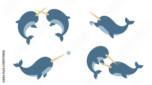 Cute Narwhal Cartoon Character Set: Playful Arctic Whales with Tusks in Various Poses