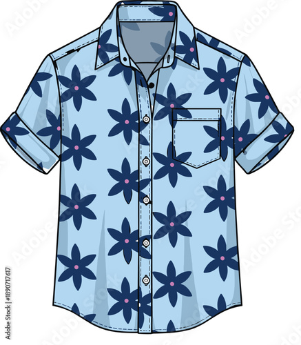 Light blue short sleeve button down mens Hawaiian shirt vector technical sketch with dark blue floral print and rolled cuffs