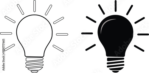 Outline and Solid Light Bulb Icons with Rays symbol