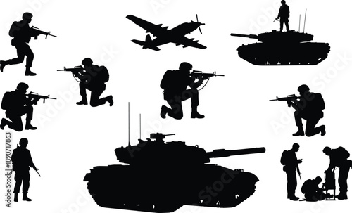 Military Forces Silhouette Set with Soldiers Infantry Tanks and Tactical Aircraft for Defense Army War Warfare and Combat Mission Vector Illustration